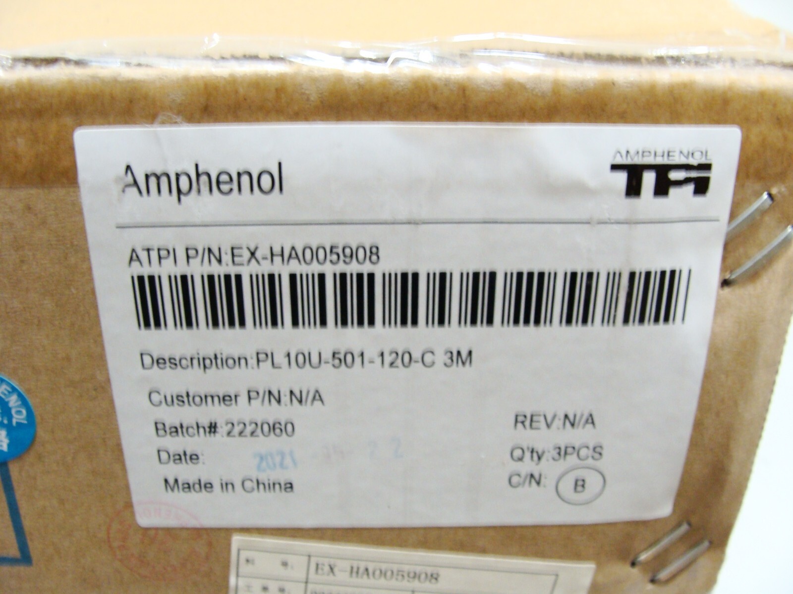 New 3 x Amphenol TPI EX-HA005908 / PL10U-501-120-C 3m High Voltage EV Cable
