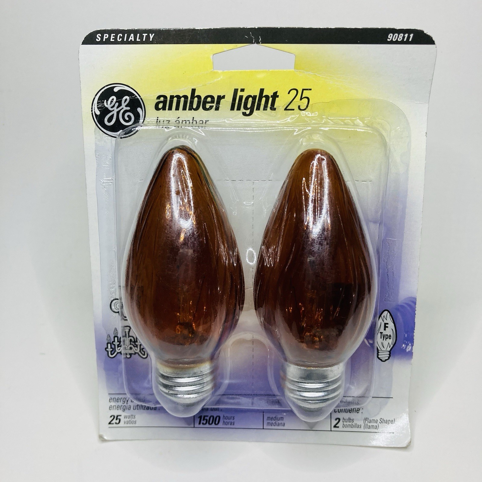GE 25W Amber Decorative Flame Shape Medium Base 1 Pack 2 Bulbs New Old Stock