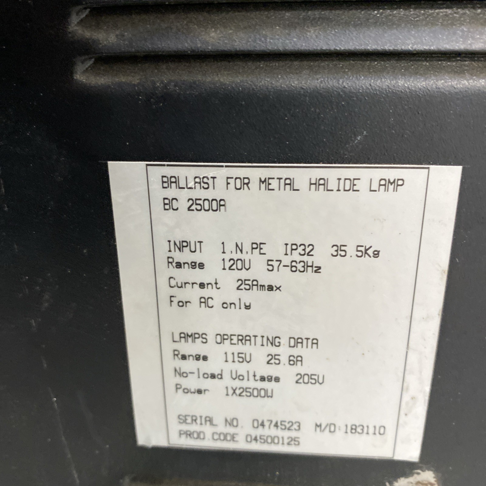 IREM MAGNETIC BALLAST FOR METAL HALIDE LAMPS INPUT 1.N.PE BC2500/A