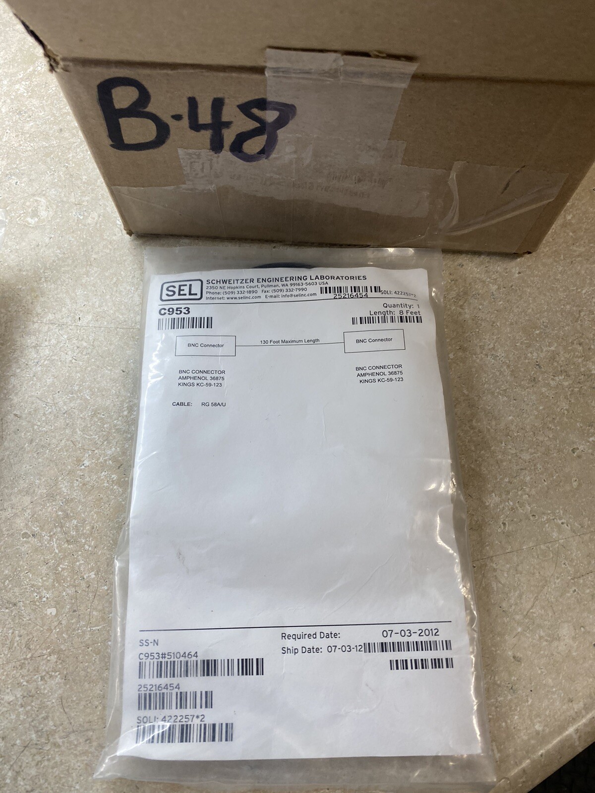 SEL RG 58A/U C953 BNC CONNECTOR 8 Feet