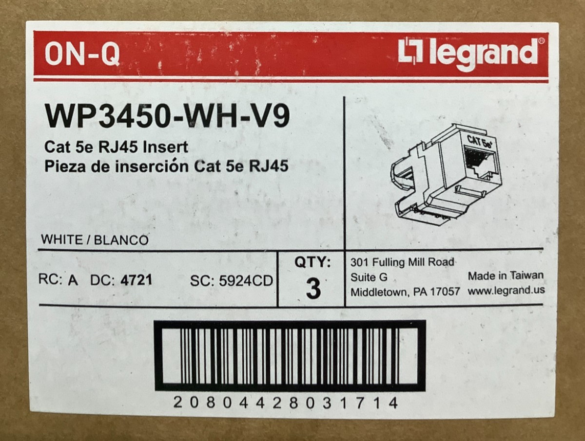 Legrand On-Q (WP3450-WH-V9) Cat 5e RJ45 Insert, White, 3 Packs of 25, 75 Total