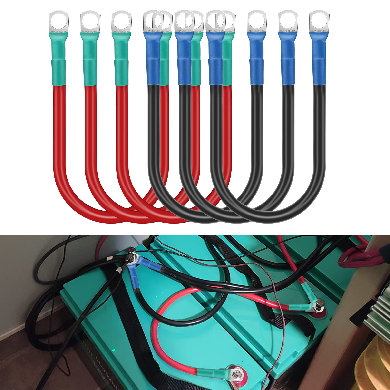 12V 6AWG Battery Cables, 6Pcs, 30cm/12in, 3/8″ Terminals for Solar Inverter