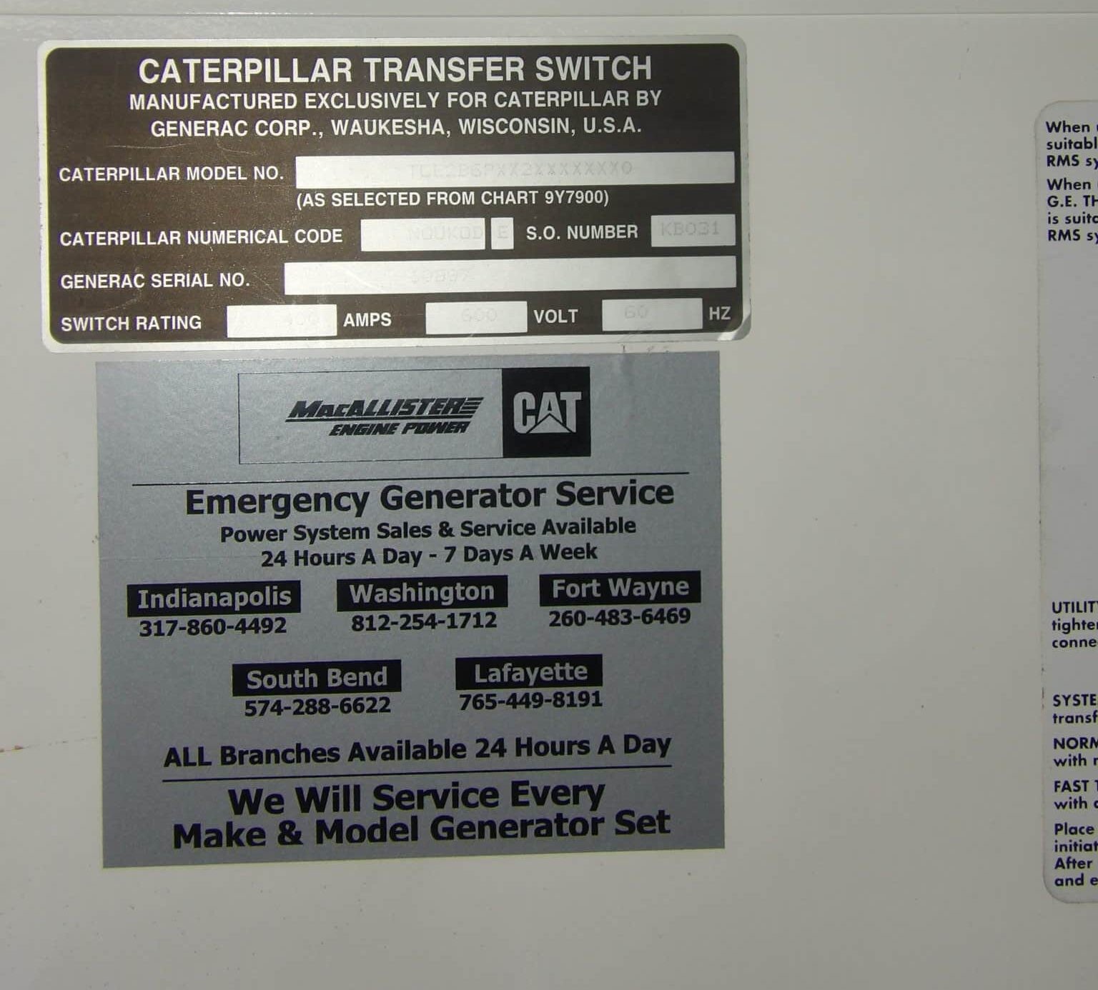 Caterpiller TCE2B6PXX2XXXXXXX0 400A 480V 60Hz Automatic Transfer Switch