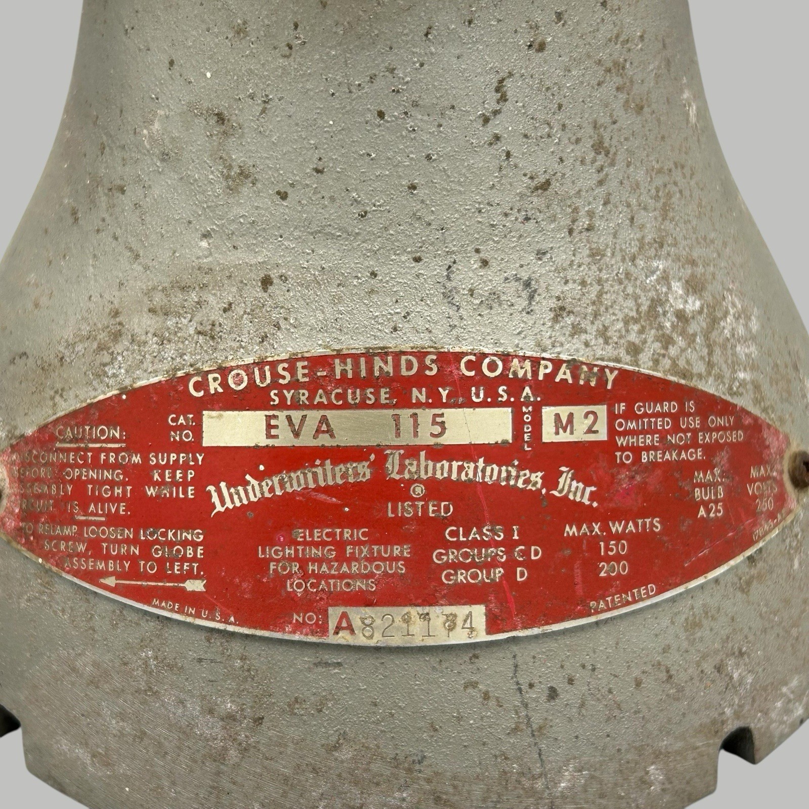Vtg Crouse-Hinds Industrial Light EVA115 M2 Hazardous Locations Explosion Proof
