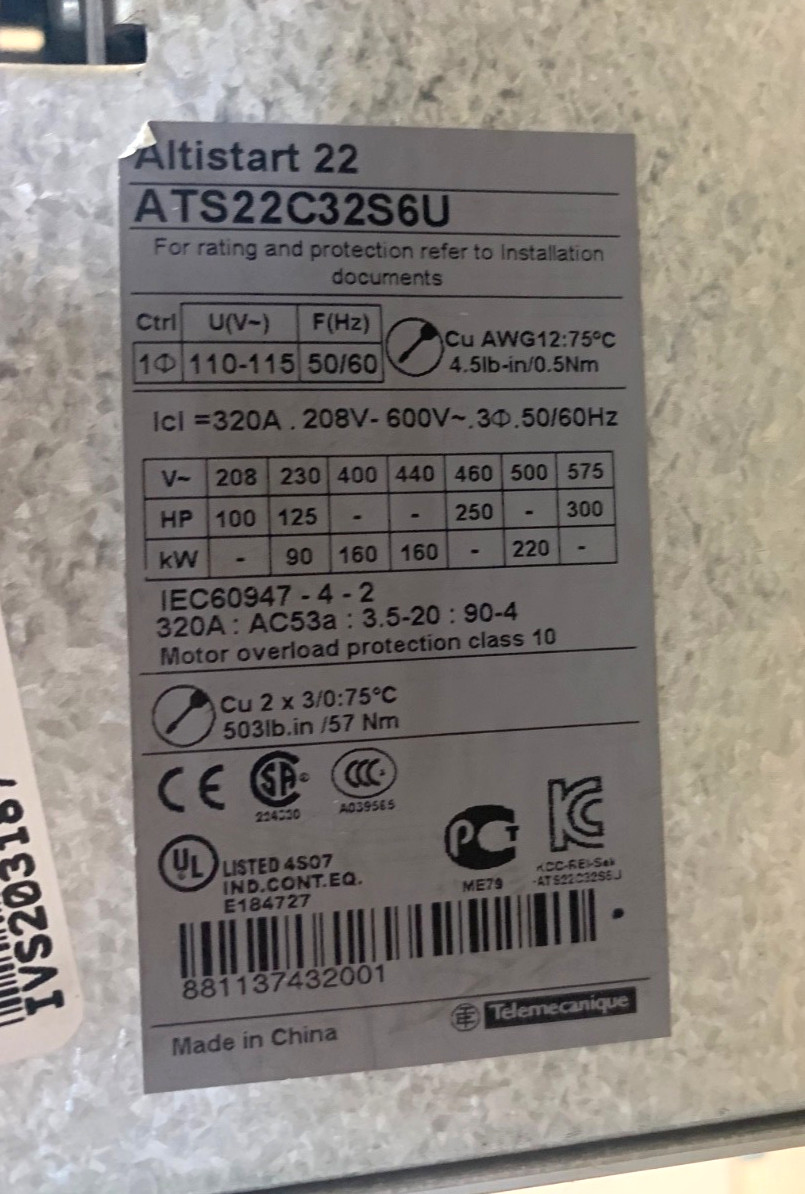 SCHNEIDER Altistart 22 Soft Start ATS22C32S6U 320Amp 208-575vac 300HPmax 50/60Hz