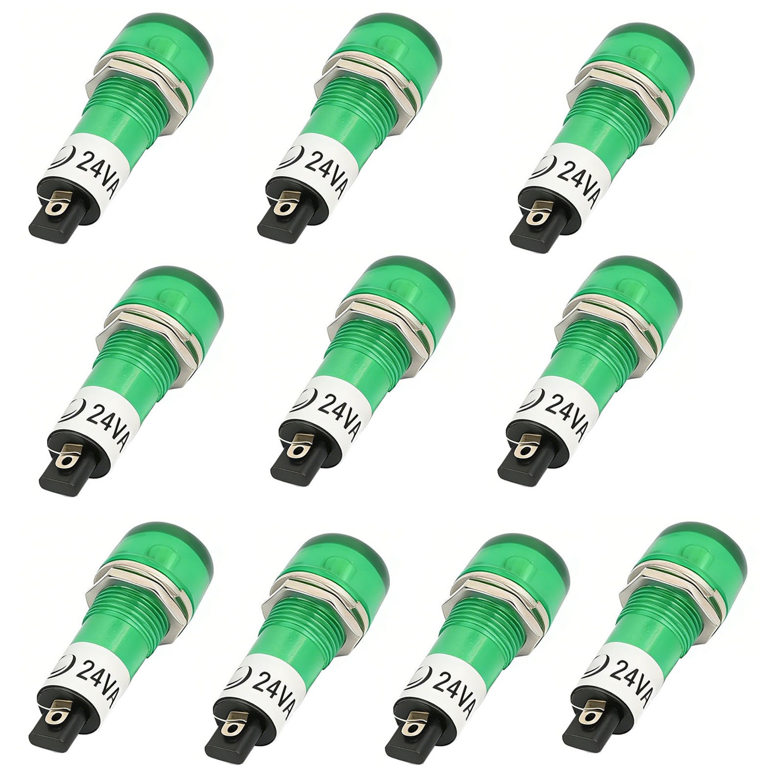 10 Pcs AC/DC 24V 2 Terminals Green Light Signal Threaded Indicator Lamp