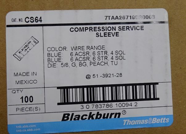 ** Lot of TEN (10) – Thomas Betts BLACKBURN – COMPRESSION SLEEVES – CS64 **