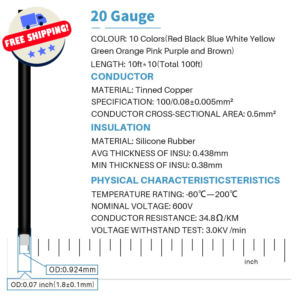 20 AWG Silicone Wire 10 Color Kit – 100Ft, Tinned Copper, Flexible