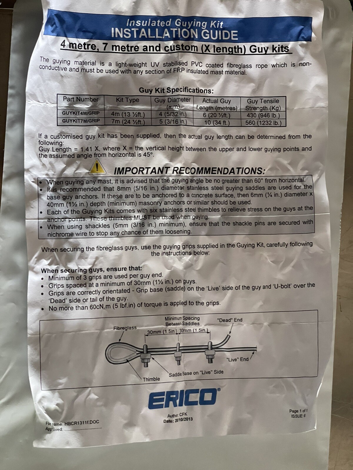 ERICO GUYKIT4M/GRIP MAST GUY – INSULATED GUYING KIT, FIBERGLASS, NON-CONDUCTIVE