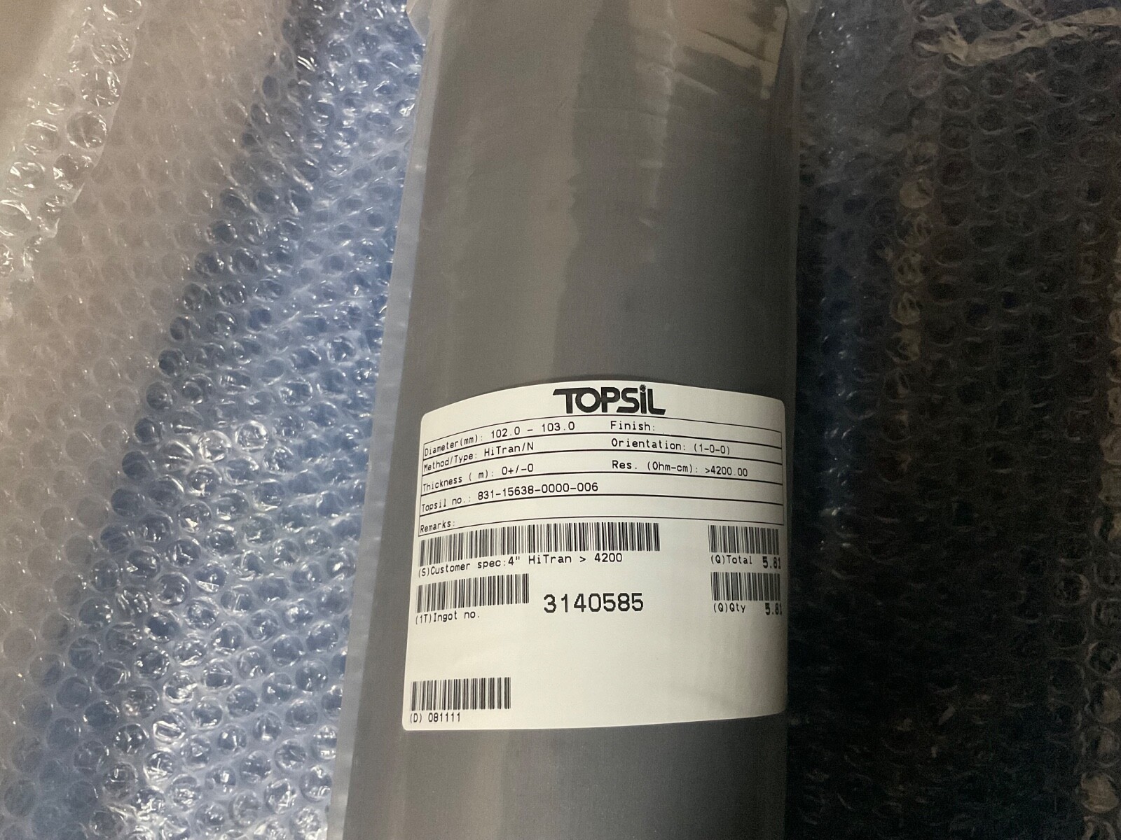 Silicon Si Crystal Ingot Wafer Material TOPSIL 4” diameter 4”HiTran 4200 NEW