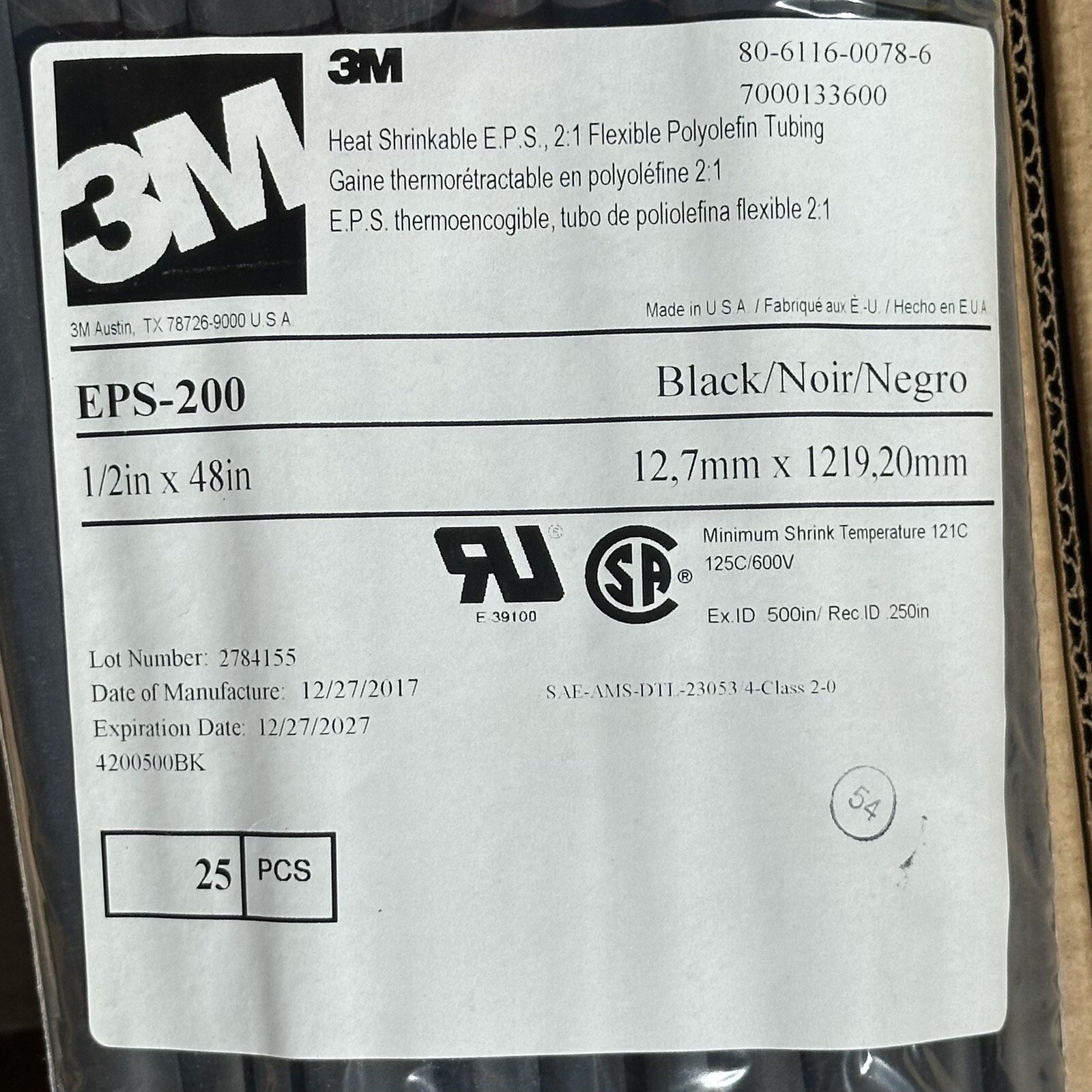 EPS200 -1/2″ x 48″ – Black – 2:1 Thin Wall+Adhesive – 48in Black (Pack of 75)