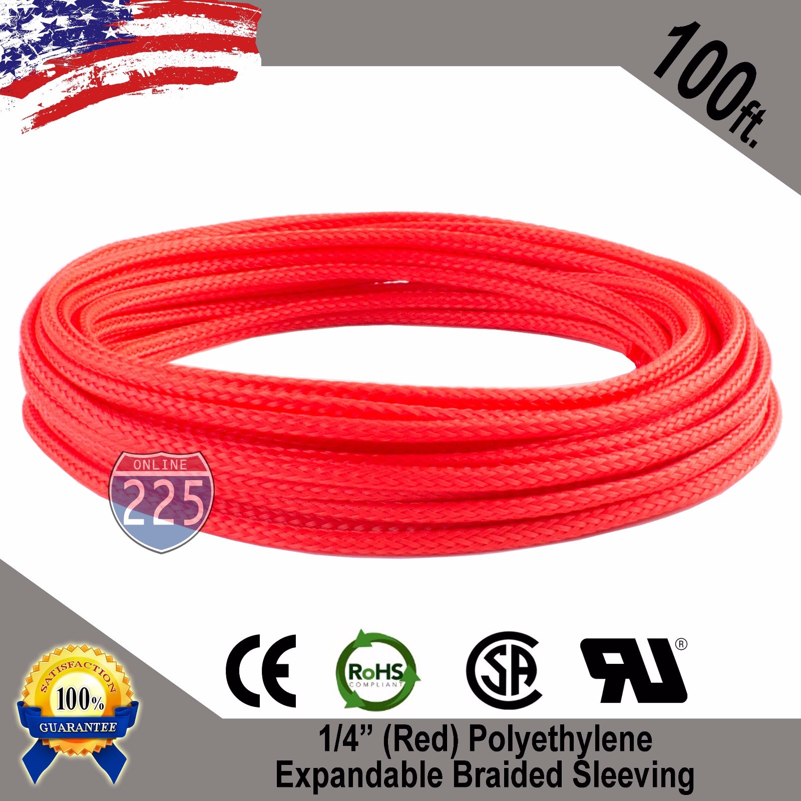 100 FT 1/4″ Red Expandable Wire Cable Sleeving Sheathing Braided Loom Tubing US