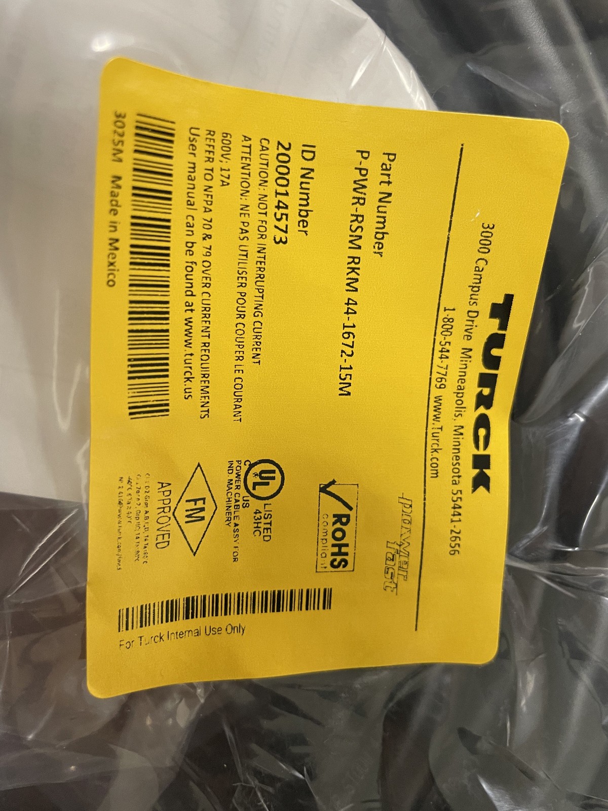 Turck P-PWR-RSM RKM 44-1672-15m industrial haz-loc power cordset – NEW