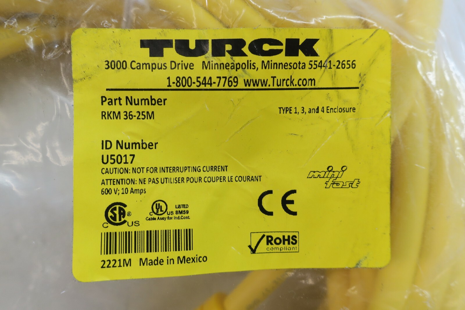 Turck RKM36-25M Minifast Double Ended Cordset 25 Meters Type 1 3 & 4 New