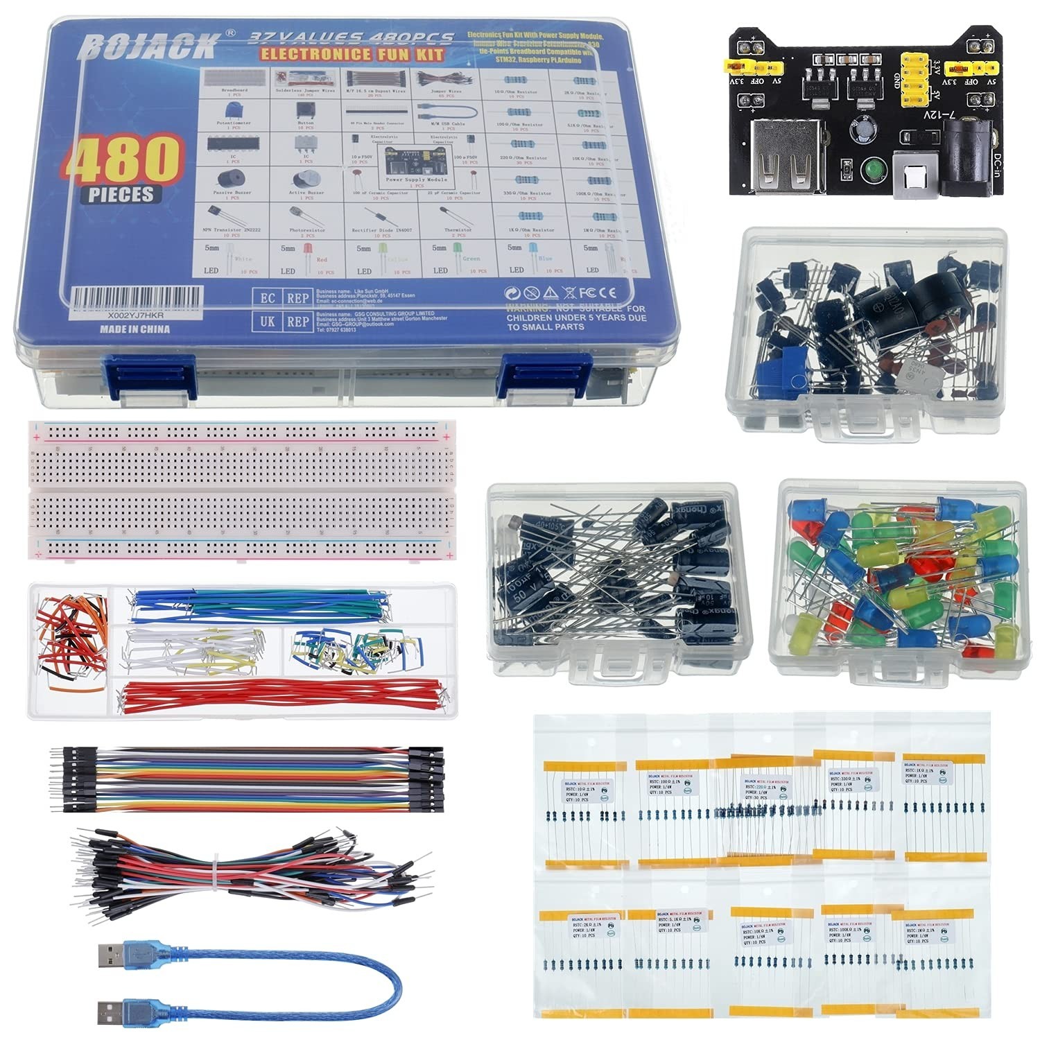 480 Pcs Electronics Component Kit – Power Supply, Jumper Wires, Breadboard for S