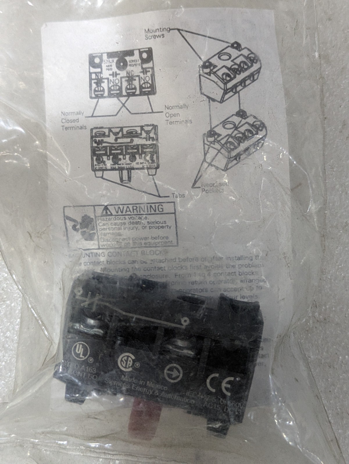 Siemens 52BAJ Contact Block Kit 1NC Red Actuator Class 51 52 NEMA A600 P600