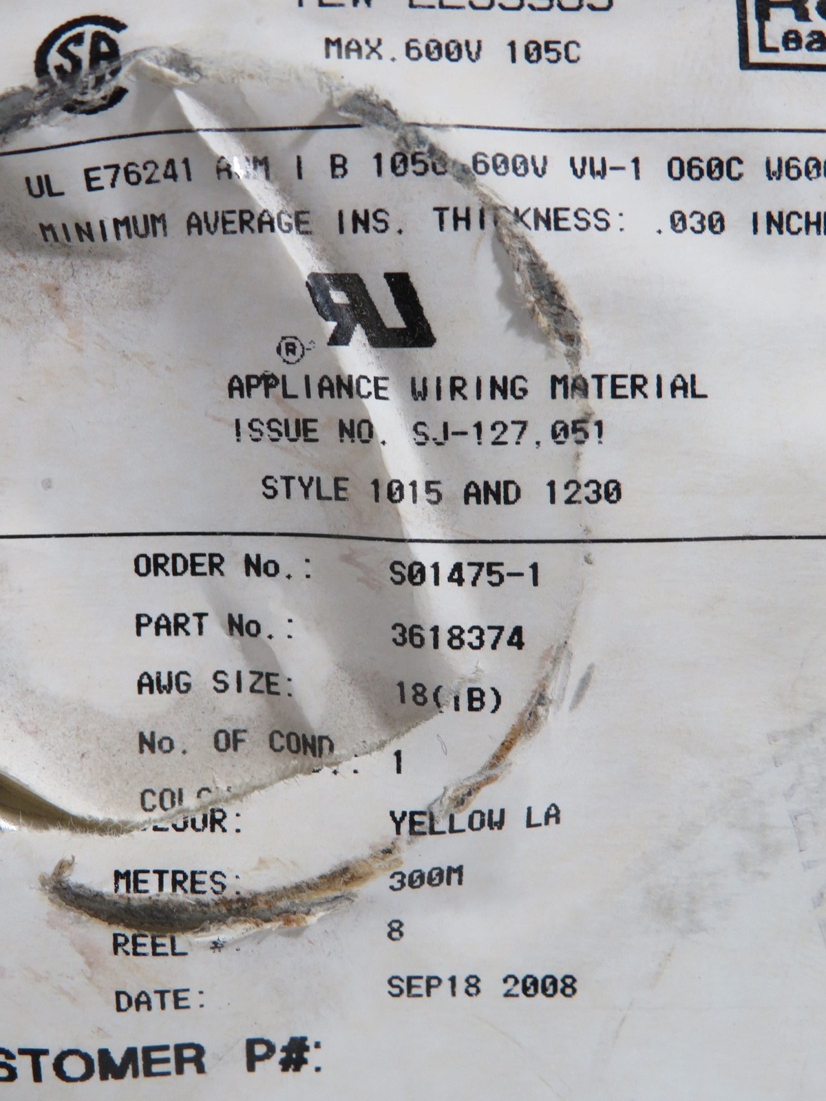 Generic 3618374 Wire Spool 600V .030″ Thick YELLOW NEW