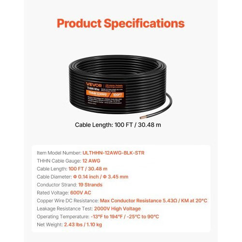12 AWG THHN Wire, 19-Stranded, 100% OFC Copper Electrical Building Wire with Nyl