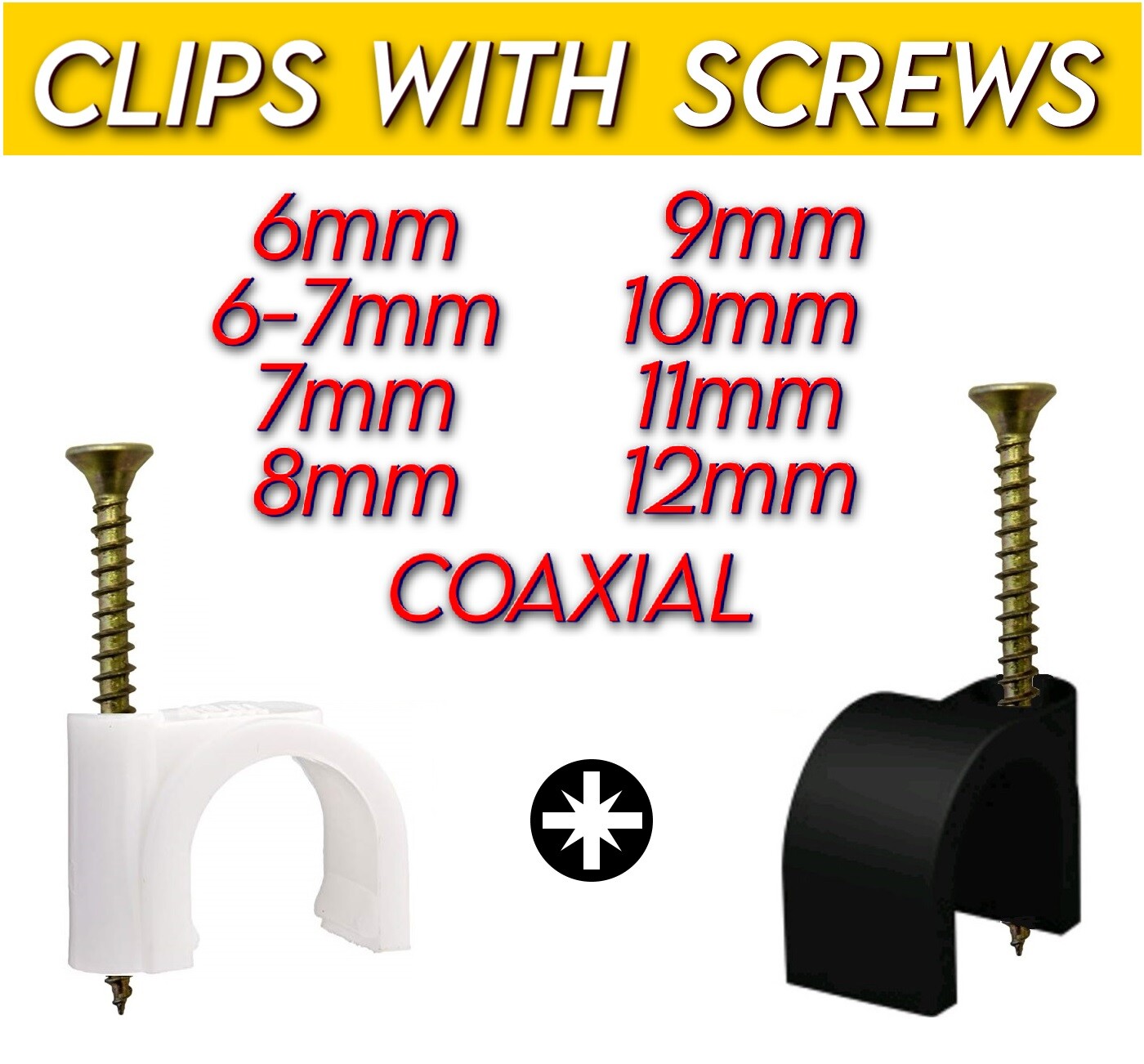 Cable Clips with Screws Round 6mm 7mm 8mm 9mm 10mm 11mm 12mm Coaxial White Black