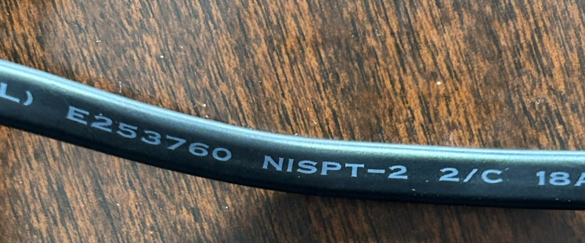 NISPT-2, VW-1, 2X 18AWG, 300V 6ft Power Cable, 2 Prong E253760 NEW
