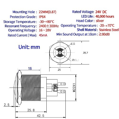 UL Listed 22mm Red LED Buzzer Alarm Sounder 24V DC Indicator Li Size: 22MM 24V