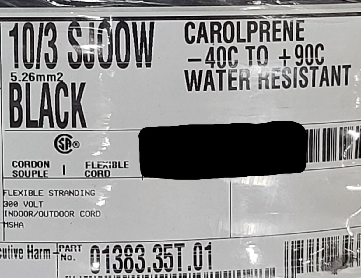 NEW Carol 01383 10/3C Carolprene SJOOW 300V Portable Power Cable Cord Black