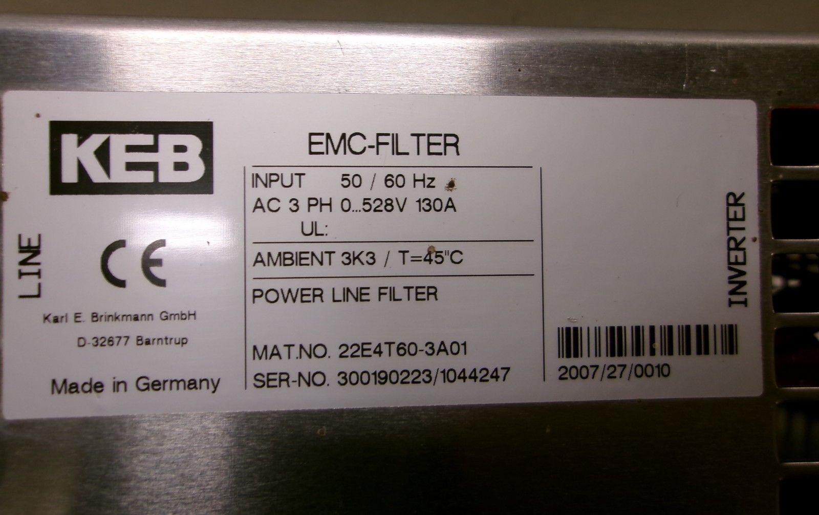 KEB 22E4T60-3A01 EMC Line Filter 3-Phase 130A 528V