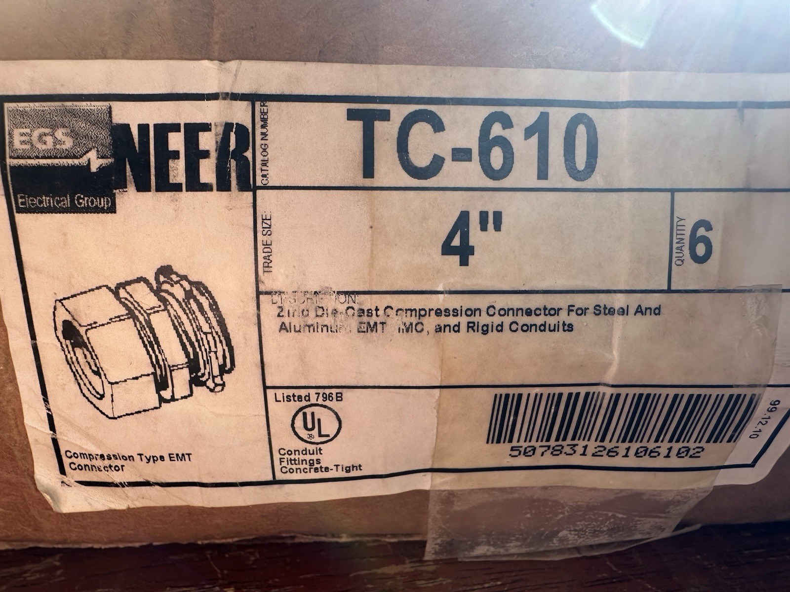 EGS TC-610, 4″, Zinc Die-Cast, Non-Insulated, EMT Conduit Connector (Lot of 6)
