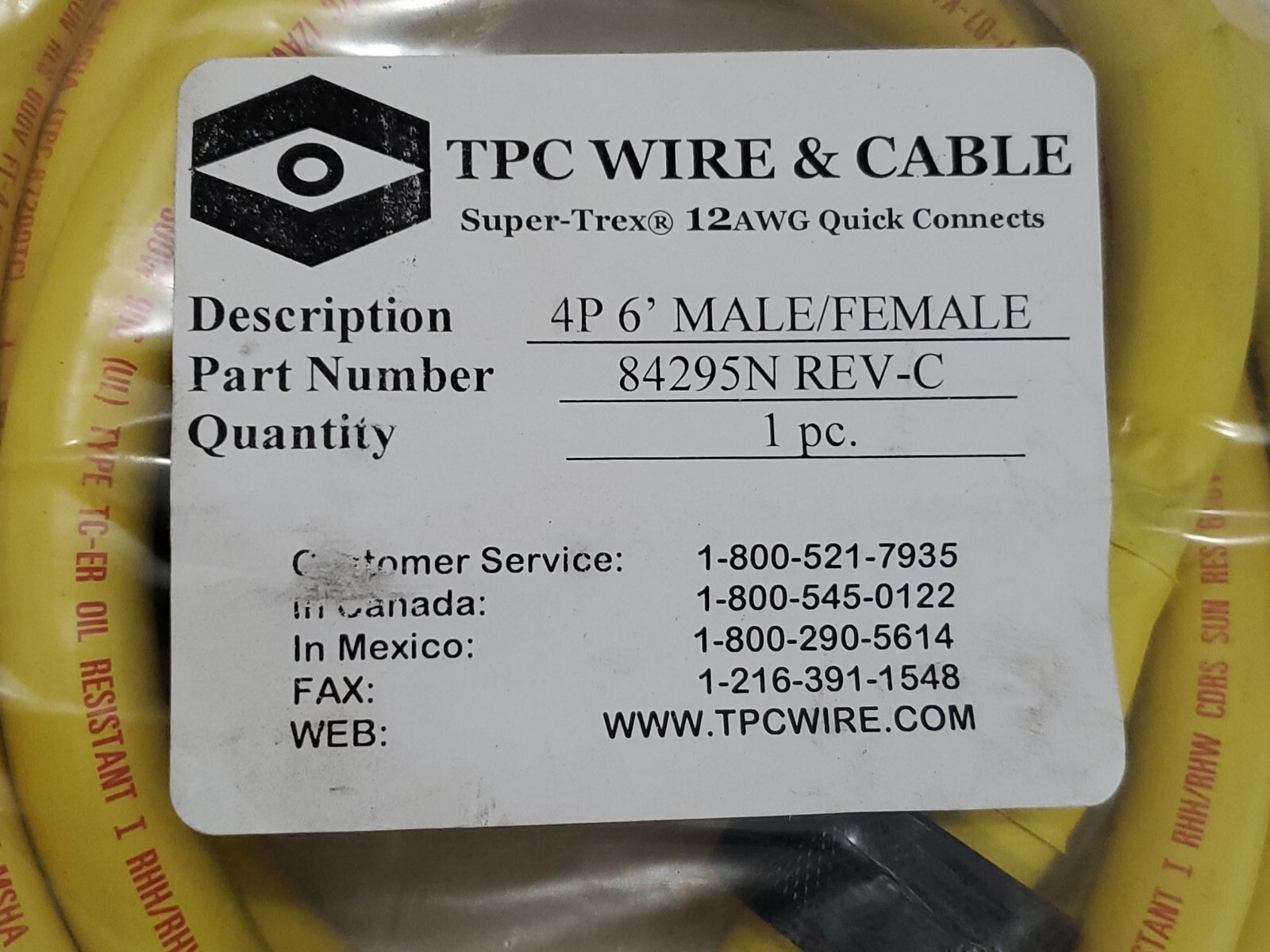 *NEW* TPC Wire & Cable 84295N Rev-C 4P M/F 6’ Super-Trex 12AWG Quick Connects