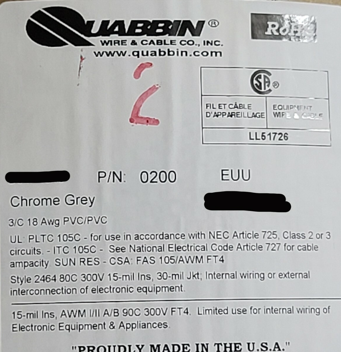 Quabbin 0200 18/3C PLTC/ITC UV Resistant Tray Cable = Belden 9493 Gray /50ft