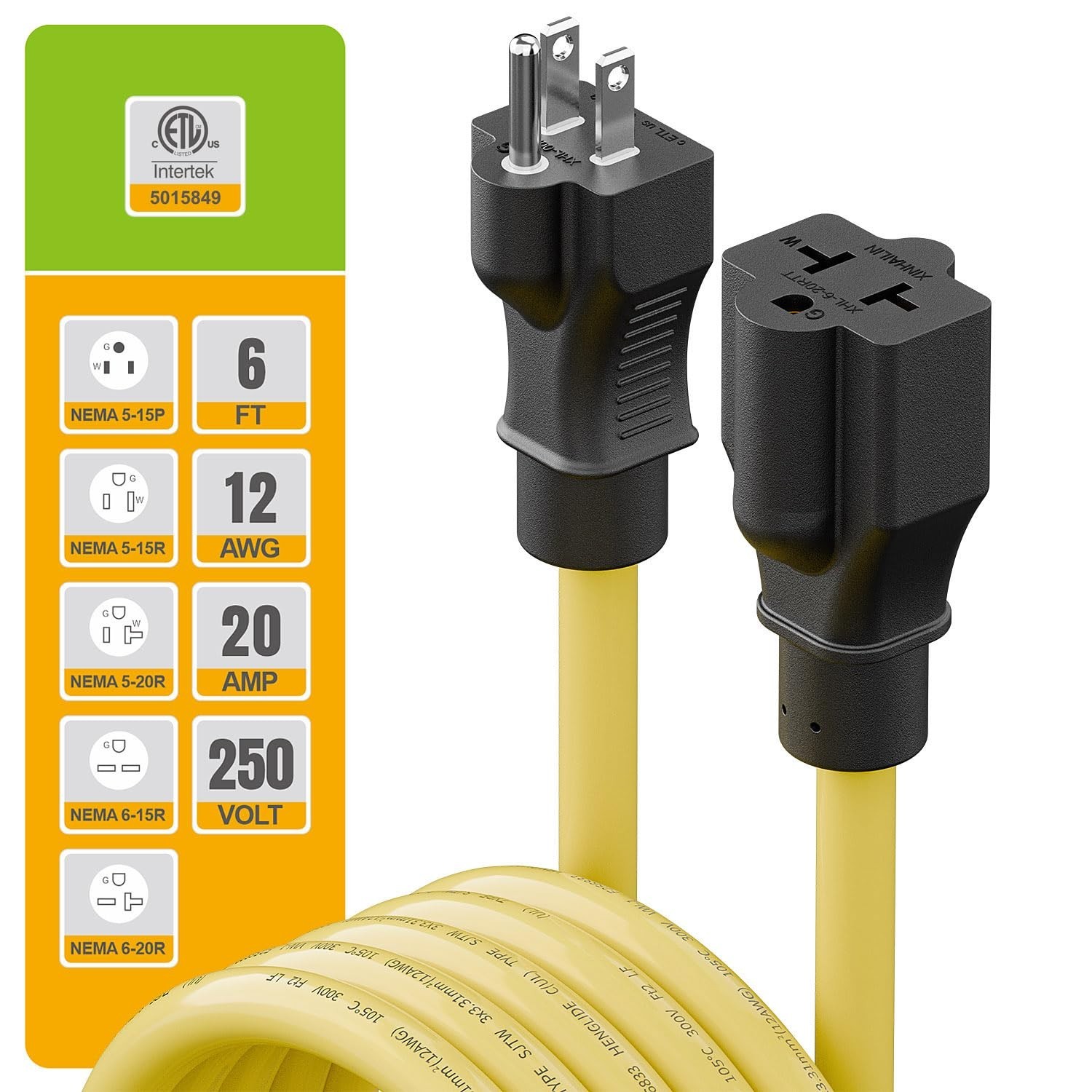 [6-Feet] 12AWG 15 Amp Household AC Plug to 20 Amp T Blade Adapter Cable, 5-15…