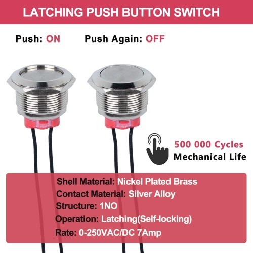 2Pcs 22mm Metal Latching Push Button Switch Waterproof 7Amp 12V 24V 110V ON Off