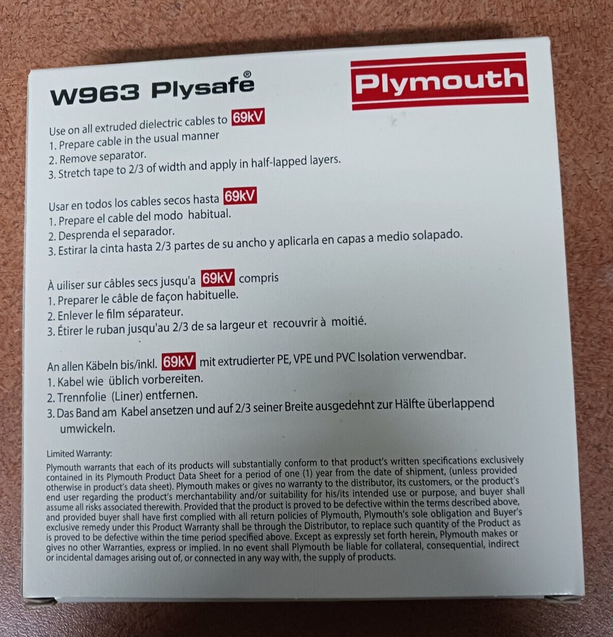 PLYMOUTH W963 PLYSAFE EPR HIGH VOLTAGE TAPE, .75” X .030″ x 30’