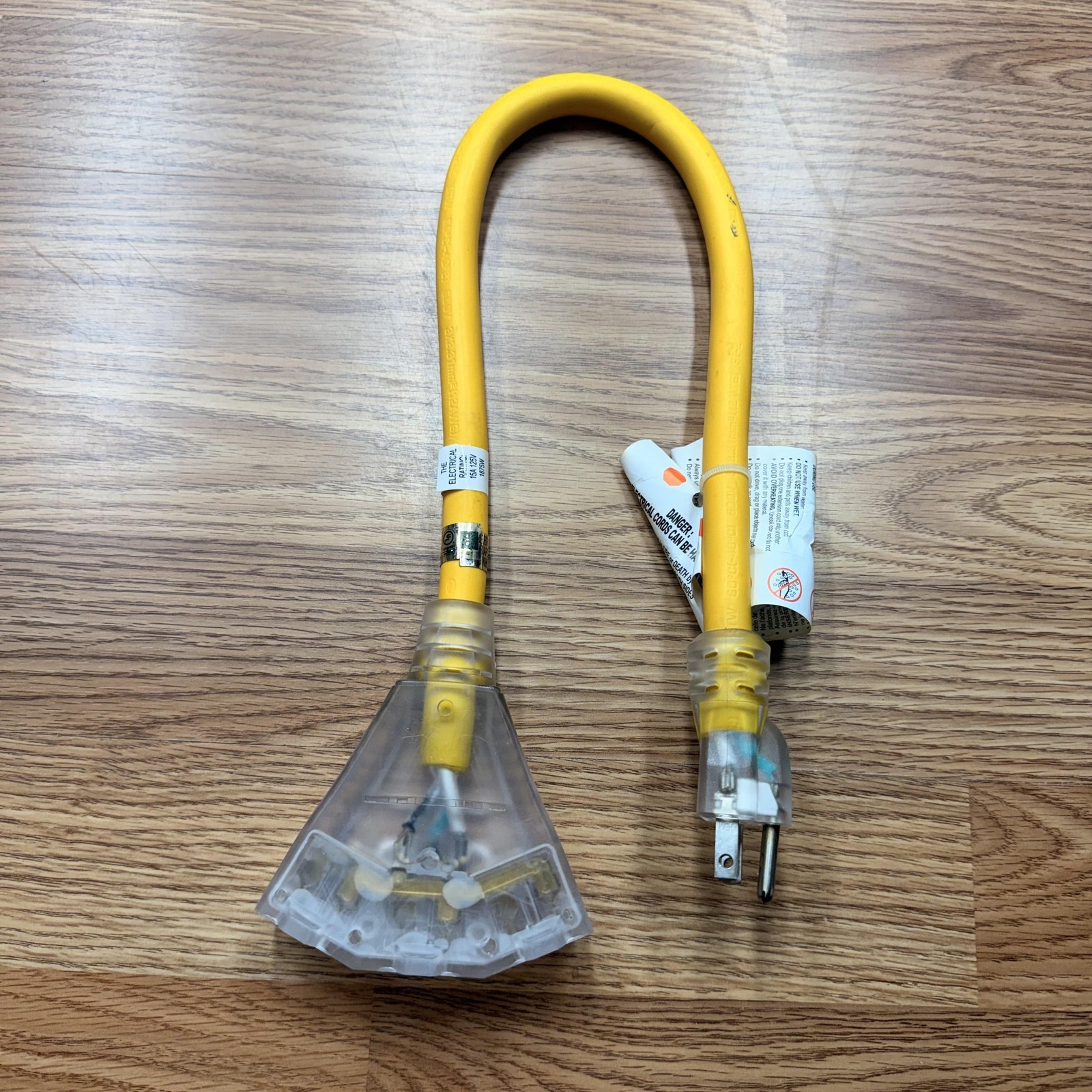 Yellow 3 Outlet Extension Wire Power Splitter Cord 15A 125V 1875W Clear Ends