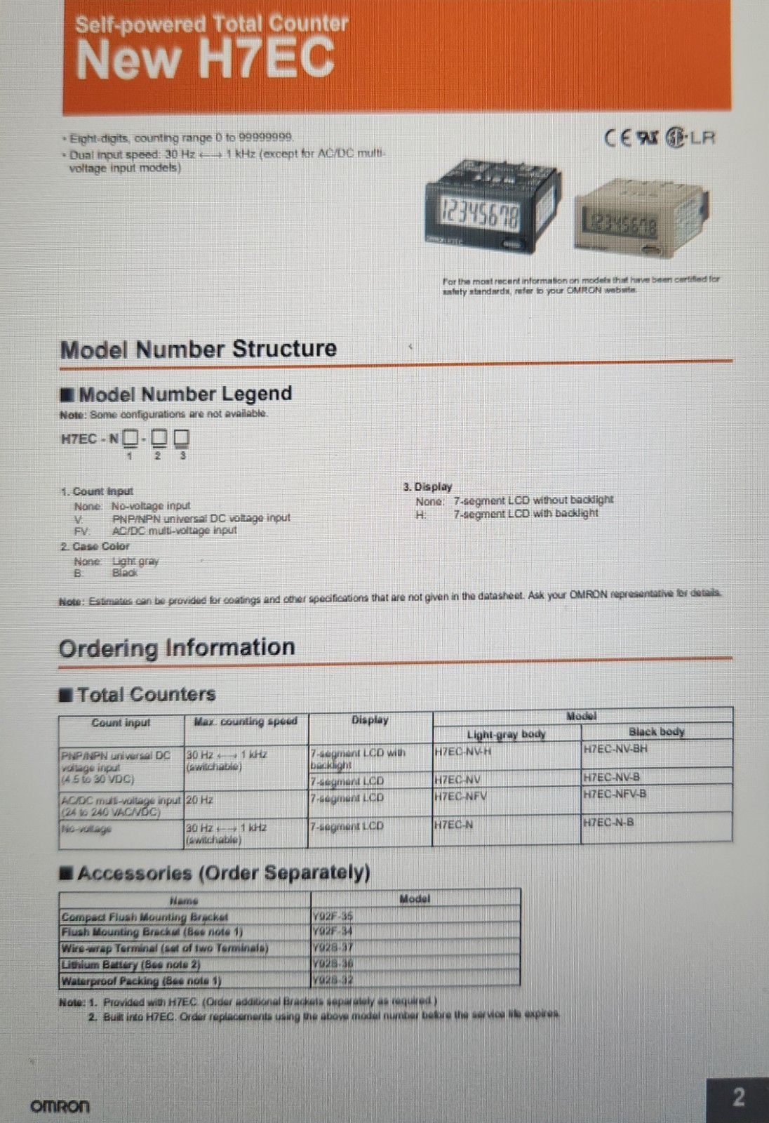 OMRON H7EC-NV-BH Total counter, 8-digit self-powered, LCD w/ backlight VDC Input