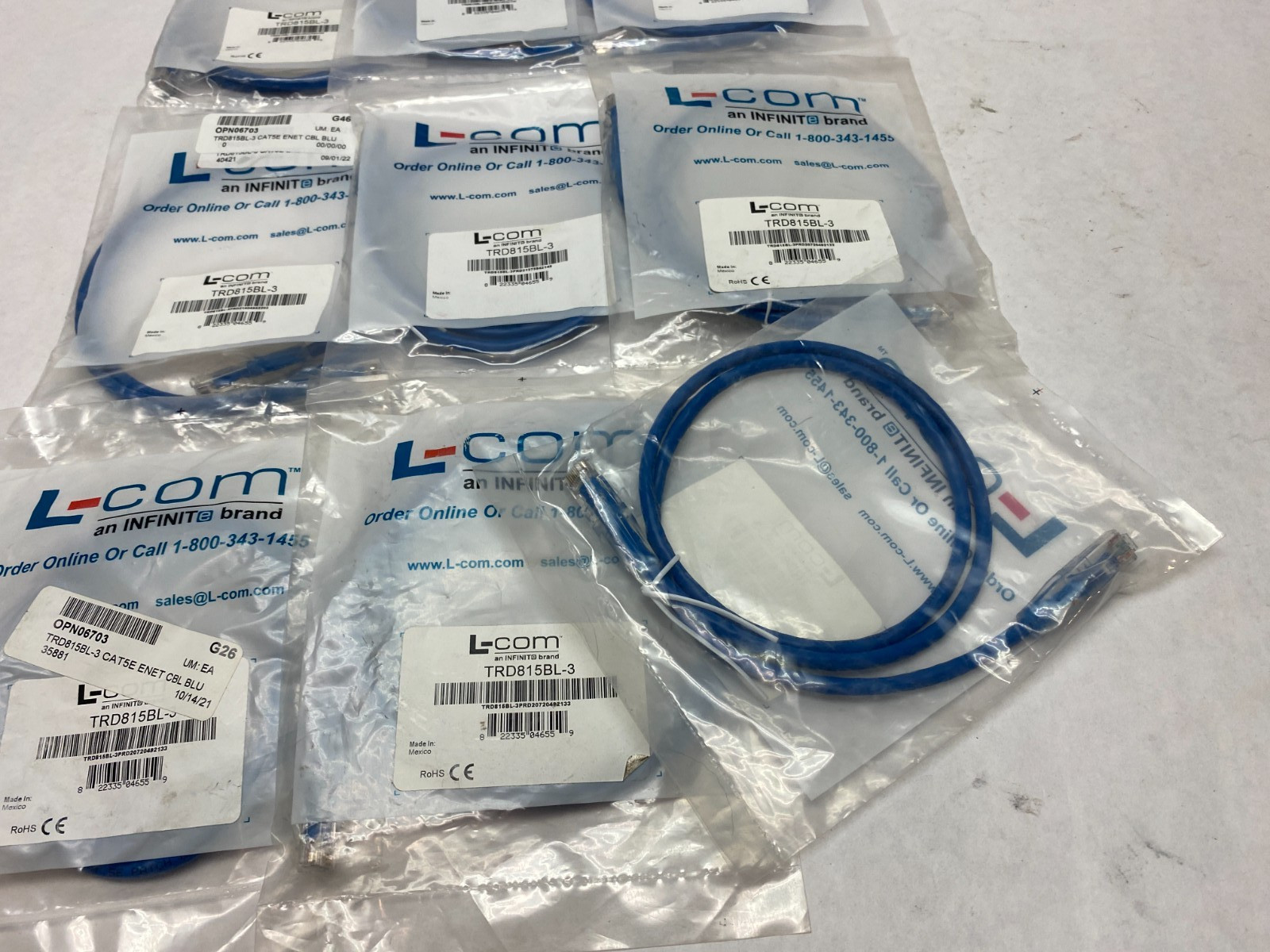 L-Com TRD815BL-3 Ethernet Patch Cable Cat5e Blue LOT OF 9