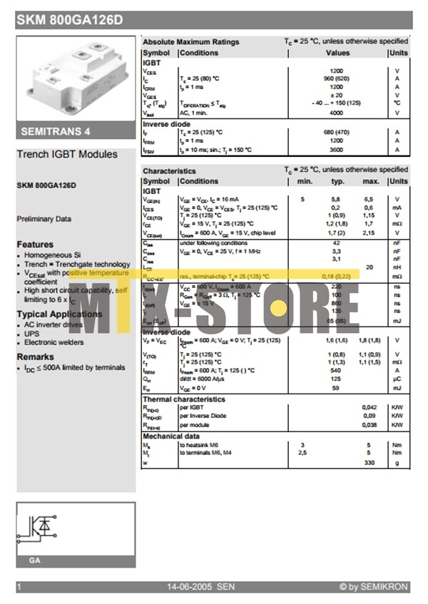 1QTY Brand New SEMIKRON Module SKM800GA126D Quality Assurance 100%