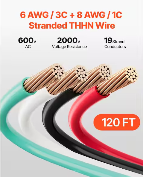 30′ EA THHN THWN 6 AWG GAUGE BLACK WHITE RED COPPER WIRE + 30 8 AWG GREEN