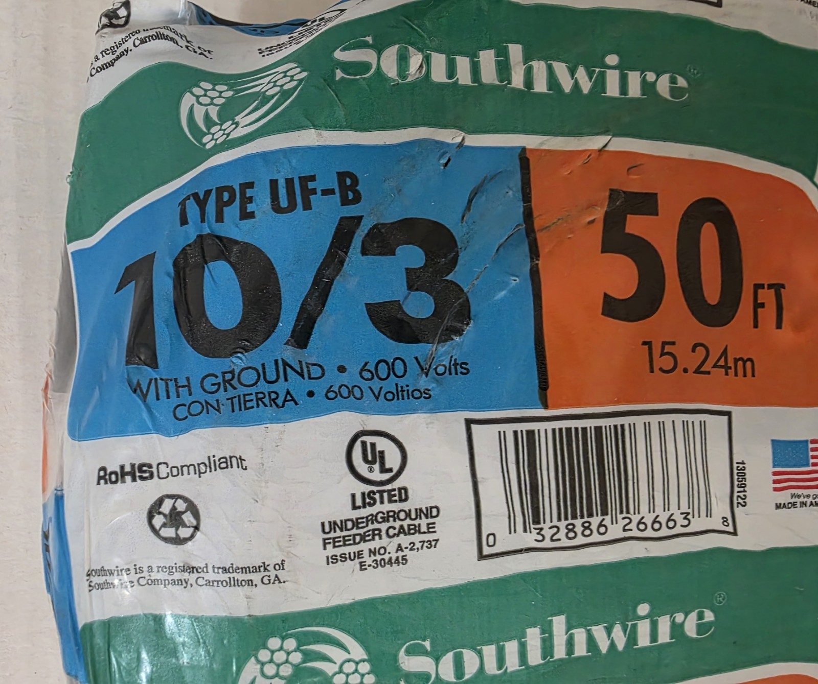 Southwire 10/3 With Ground UF-B Burial Underground Wire 13059122 50ft BRAND NEW