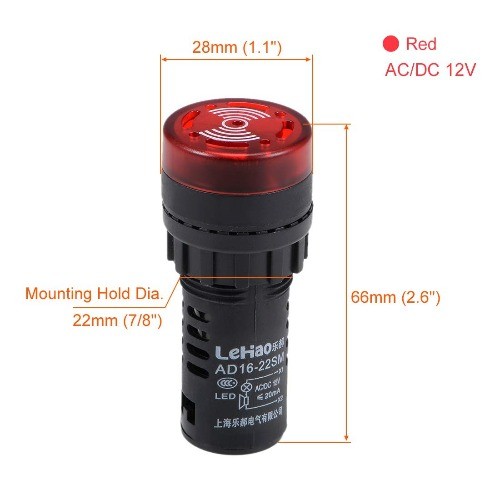 Red Indicator Light Buzzer AC DC 12V 22mm Panel Mount Flashing Alar Color: Red