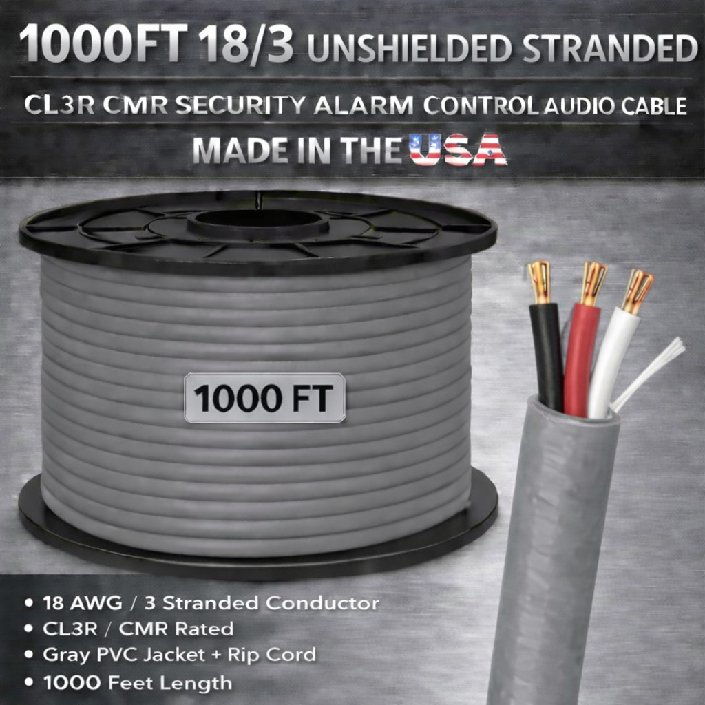 1000FT 18/3 Unshielded Stranded CL3R CMR Security Alarm Control Audio Cable