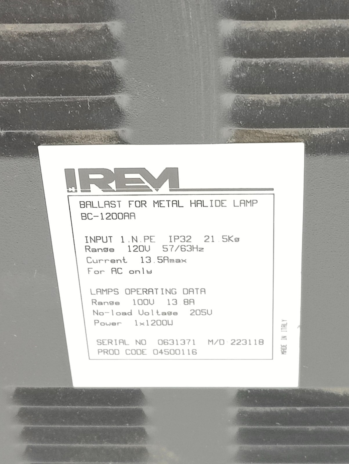 IREM BC1200A MAGNETIC BALLAST FOR METAL HALIDE LAMPS