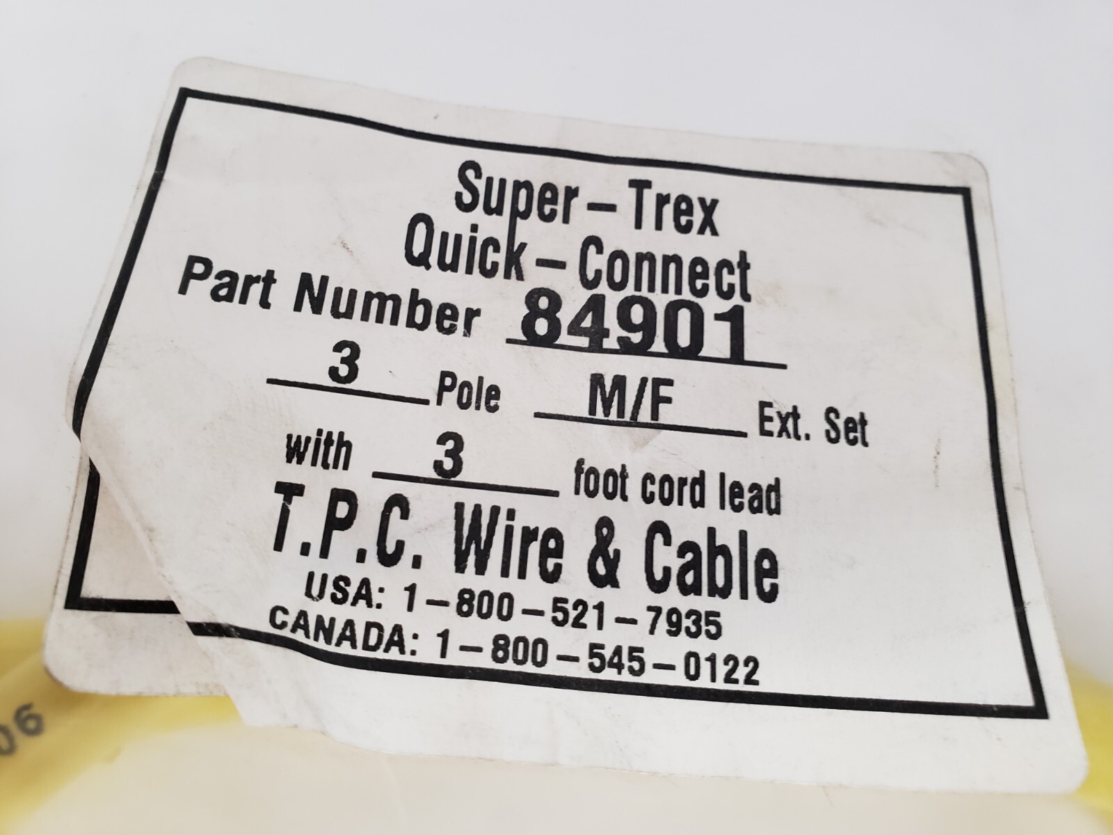 TPC SUPER-TREX 84901 CORDSET 3 POLE MALE/FEMALE QUICK DISCONNECT NIB