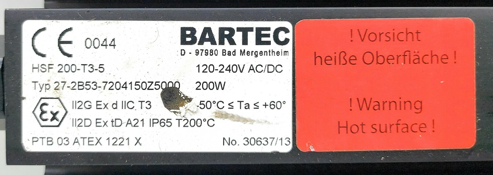 Bartec HSF-200-T3-5 HSF Heating Element Finned 27-2B53-7204150Z5000