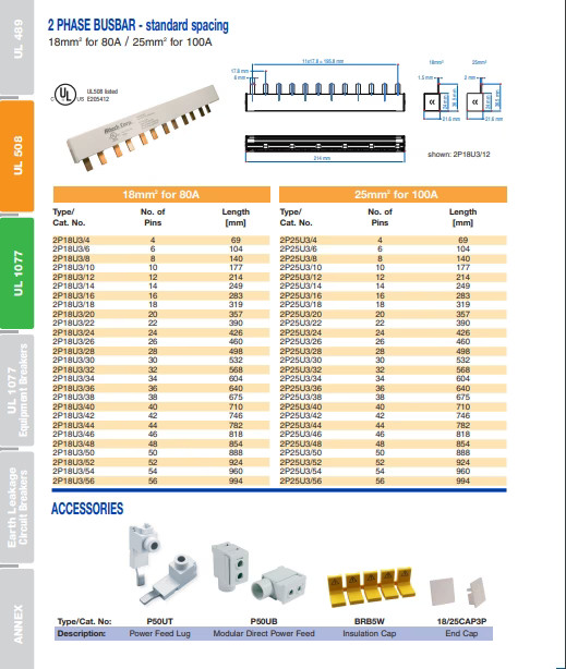 Altech Corp 2P18U3/4 2 Phase Busbar-4 Pin- 480V 80A – NEW