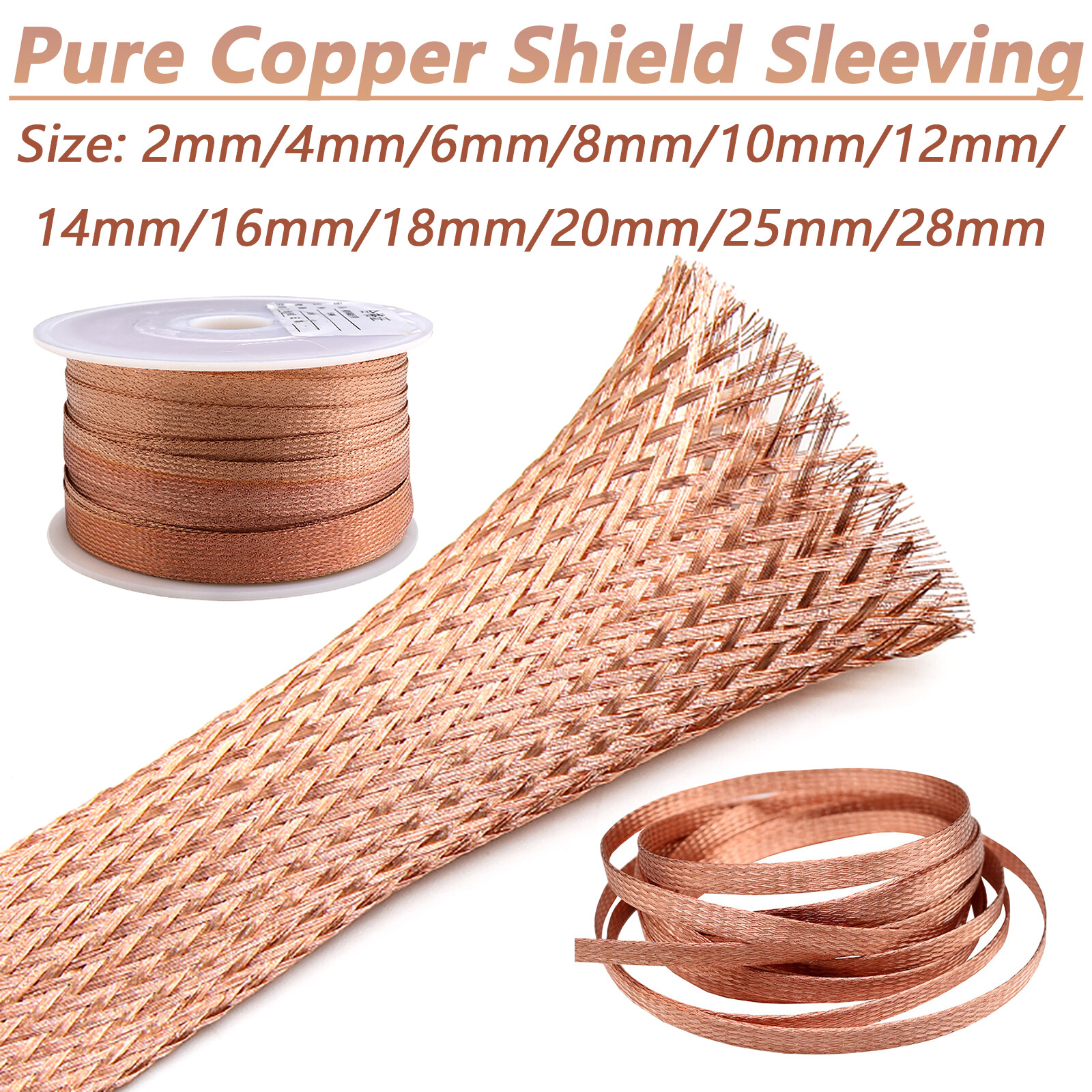Pure Copper Expandable Metal Braided Shield Cable Sleeving Tube 2mm/4mm/6mm-28mm