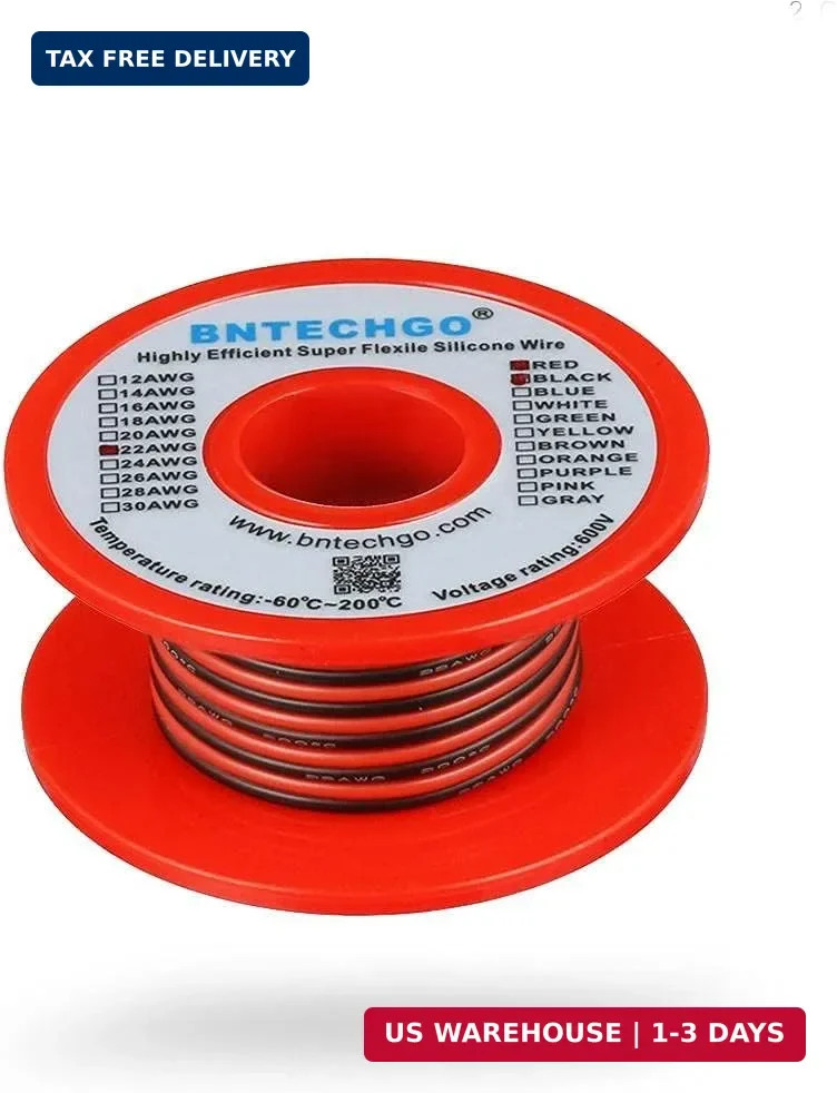 BNTECHGO 22 Gauge Flexible 2 Conductor Parallel Silicone Wire Spool Red Black Hi