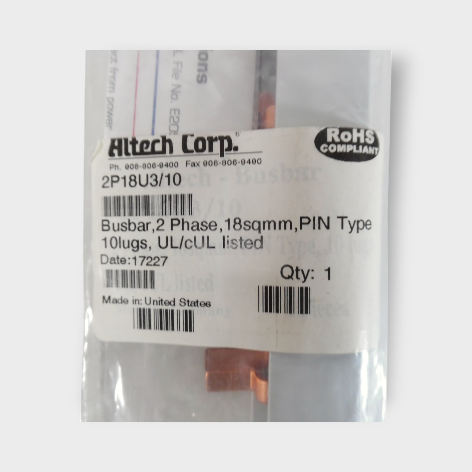 Altech Corp 2P18U3/10 2 Phase Busbar – 10 Lug- 600V 80A- NEW