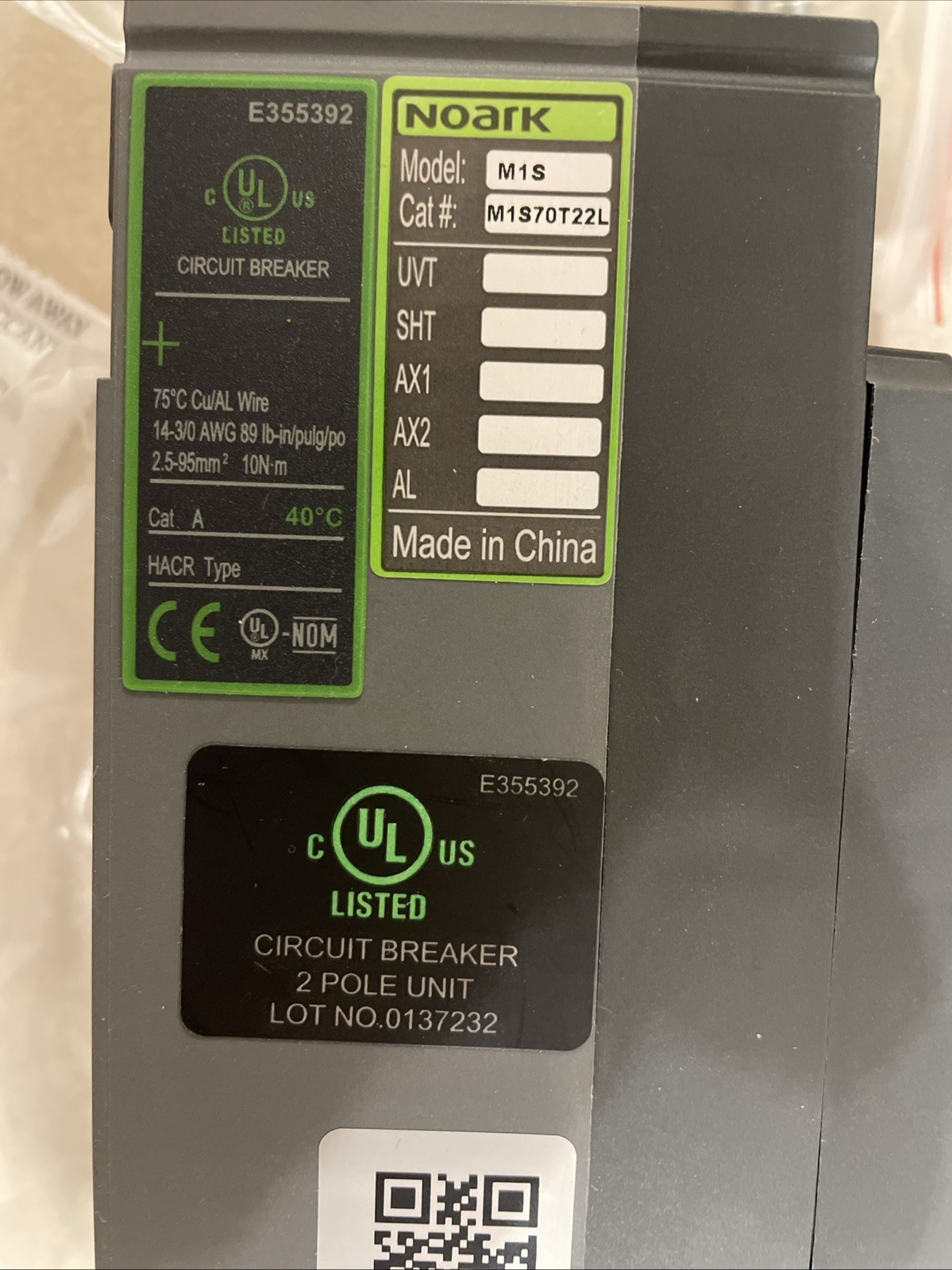 Noark M1S70T22L – 1102286 – UL489 – M1 frame – 2P2d – 70A rated – 600Vac