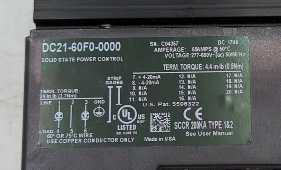 Watlow DC21-60F0-0000 DIN-A-MITE w/fan Power Controller Used